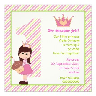 Little princess girls 1st birthday pink green custom invites