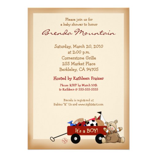 Little Red Wagon Sports Theme Boy Baby Shower Custom Announcement (front side)