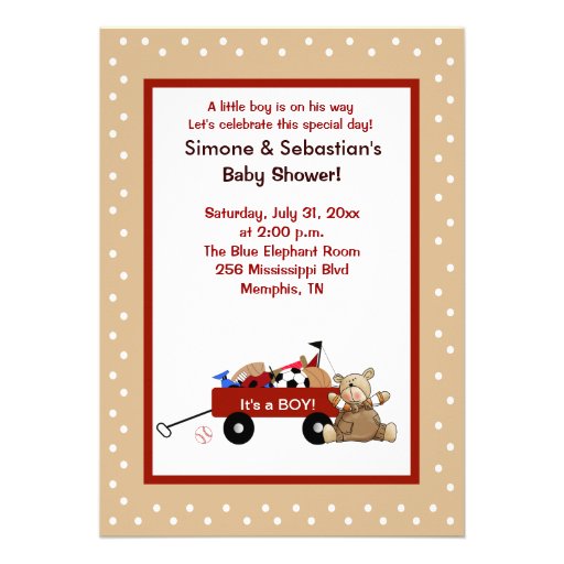 Little Red Wagon & Teddy Bear 5x7 Invite 2-sided