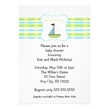 Little Sail Boat Green Blue Baby Shower Personalized Invitations