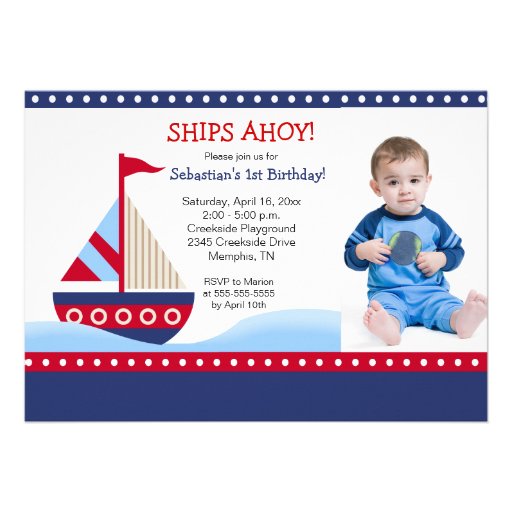 Little Sailboat Navy *PHOTO* Birthday 5x7 Personalized Announcements