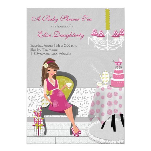 Little Teapot Brunette Girl Baby Shower Tea Invite