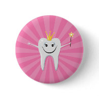 Little tooth fairy on a pink sunburst background button
