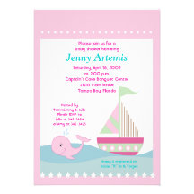 Little Whale Pink Sailboat Baby Shower 5x7 Announcement