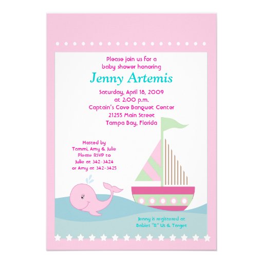 Little Whale Pink Sailboat Baby Shower 5x7 Announcement