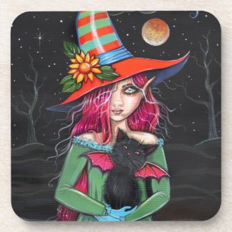 Little Wings Witch and Winged Cat Halloween Art Coasters