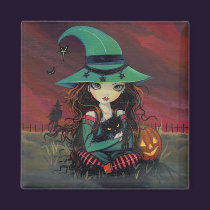 Little Witch and Black Cat Halloween Magnet magnets