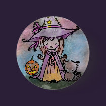 Little Witch and Cat Halloween Pinback Button buttons