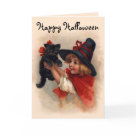  - Delightful vintage art features a little Witch girl in pointed black hat and red cape with her cute black kitten. Happy Halloween text can be customized by you.: Sizes 