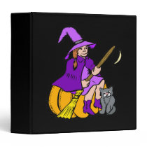 Little witch on pumpkin with kitten binders