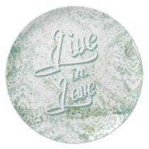 Live In Love vintage damask with tattoo script. plates