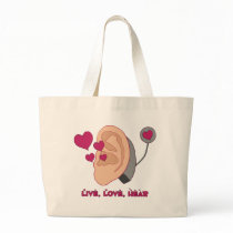 Live, Love, Hear Tote bags