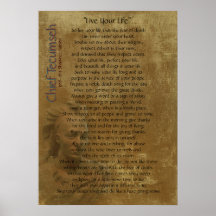 "Live Your Life"  on old parchment, Chief Tecumseh Poster