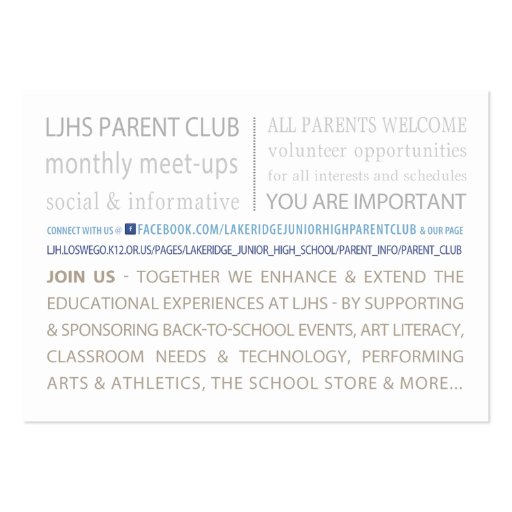 LJHS Parent Club Business Cards (back side)