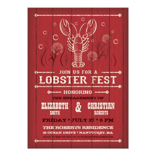 Lobster on Red Barn Wood Invitation