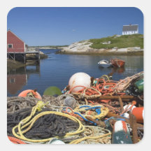 Lobster pots, buoys, and ropes on the dock at stickers