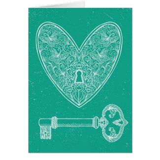 Locked Heart and Key on Emerald Green Background Card