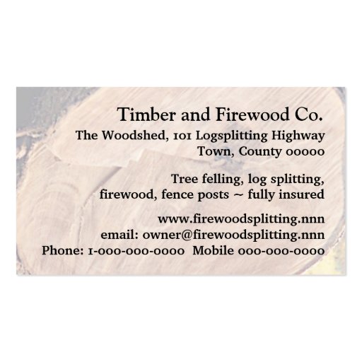 Log splitter business card (back side)