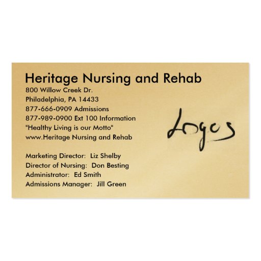 Logo Picture, Heritage Nursing and Rehab , 800 ... Business Card Template (front side)