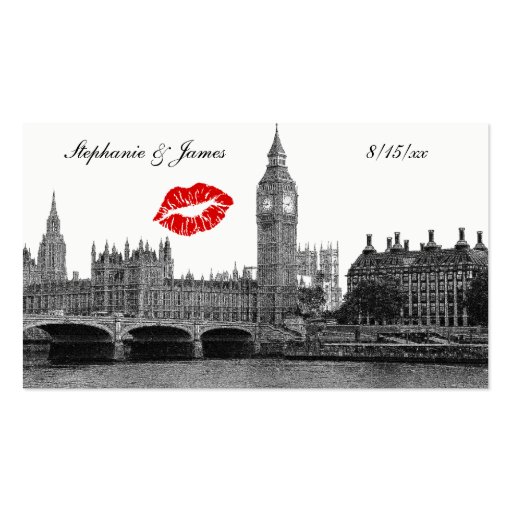 London England Skyline Kiss BW Escort Cards Business Card Template (front side)