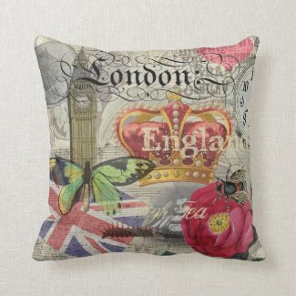 London England Vintage Travel Collage Throw Pillows
