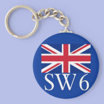 London Postcode SW6 with Union Jack keychains