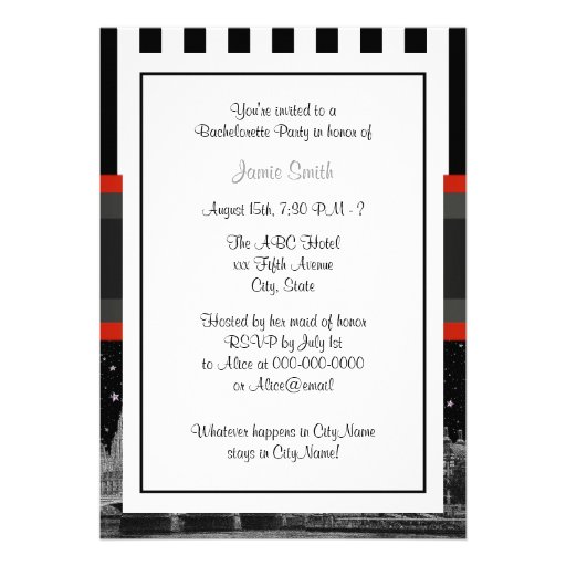 London Skyline BW Blk Wht Stripe Red Bachelorette Personalized Invitations