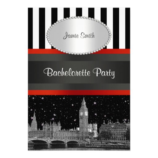 London Skyline BW Blk Wht Stripe Red Bachelorette Personalized Invitations
