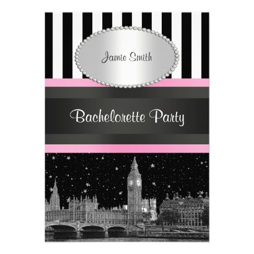London Skyline BW Blk Wht Strp Pink Bachelorette Custom Invitations (front side)