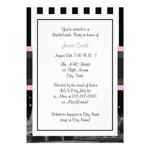 London Skyline BW Blk Wht Strp Pink Bachelorette Invitations