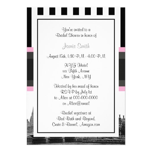 London Skyline BW Blk Wht Strp Pink Bridal Shwr Custom Invitation