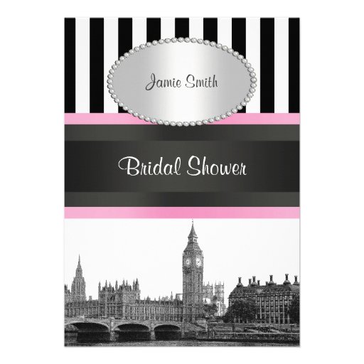London Skyline BW Blk Wht Strp Pink Bridal Shwr Custom Invitation