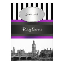 London Skyline BW Blk Wht Strp Purple Baby Shower Custom Announcement