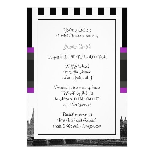 London Skyline BW Blk Wht Strp Purple Bridal Shwr Invitation