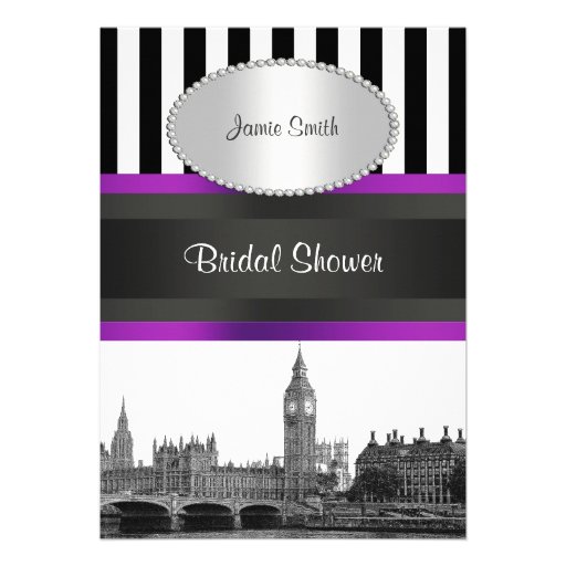 London Skyline BW Blk Wht Strp Purple Bridal Shwr Invitation