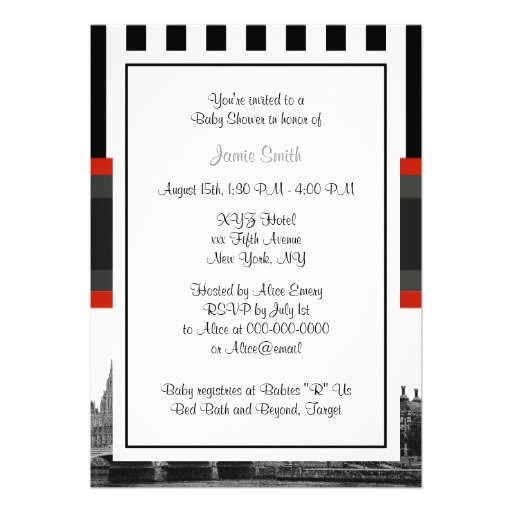 London Skyline BW Blk Wht Strp Red Baby Shower Personalized Announcements