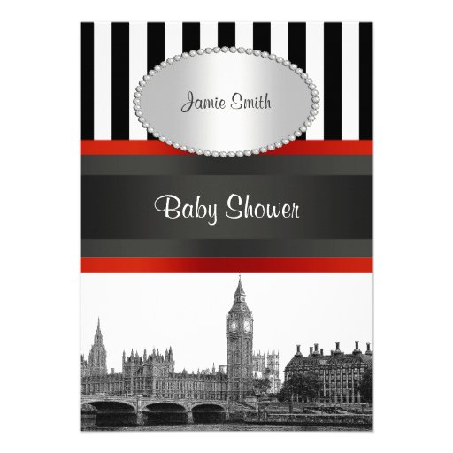 London Skyline BW Blk Wht Strp Red Baby Shower Personalized Announcements