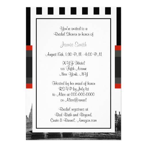 London Skyline BW Blk Wht Strp Red Bridal Shower Personalized Announcement
