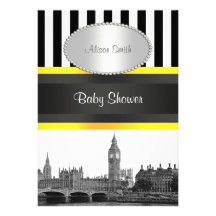 London Skyline BW Blk Wht Strp Ylo P Baby Shower Announcement