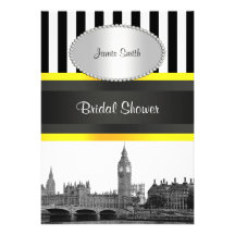 London Skyline BW Blk Wht Strp Ylo P Bridal Shower Personalized Announcement