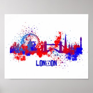 London Skyline Red White Blue Paint Splats Poster