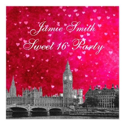 London UK Skyline Hot Pink Red Heart Sweet 16 Personalized Announcement