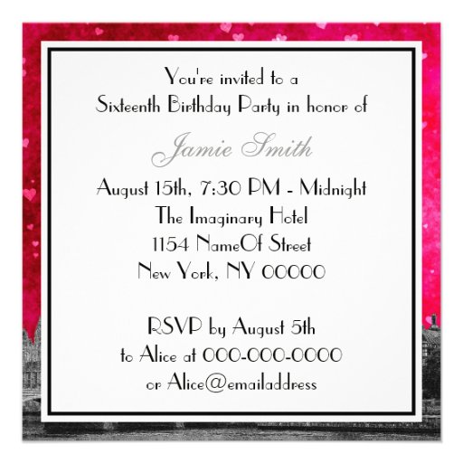 London UK Skyline Hot Pink Red Heart Sweet 16 Personalized Announcement