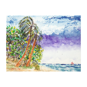 Lone Sail Boat & Palm Trees North Carolina Beach Stretched Canvas Prints