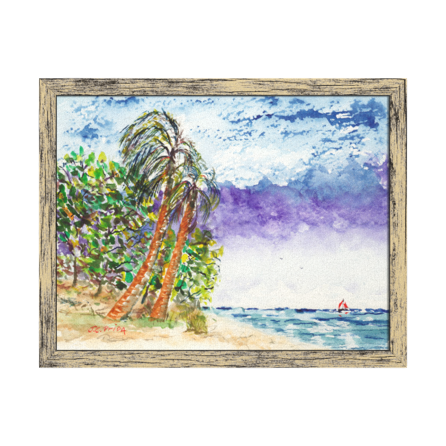 Lone Sail Boat & Palm Trees North Carolina Beach Gallery Wrapped Canvas