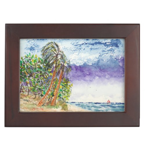 Lone Sail Boat & Palm Trees North Carolina Beach Memory Boxes