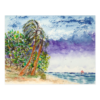 Lone Sail Boat & Palm Trees North Carolina Beach Postcard