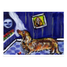 longhaired dachsund senses smiling moon postcards