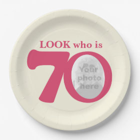 Look 70th birthday photo cream pink paper plate 9 inch paper plate
