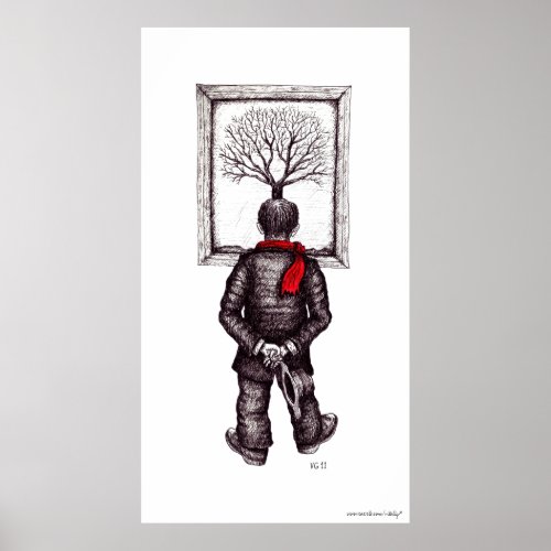 Looking at the tree black and white ink drawing print